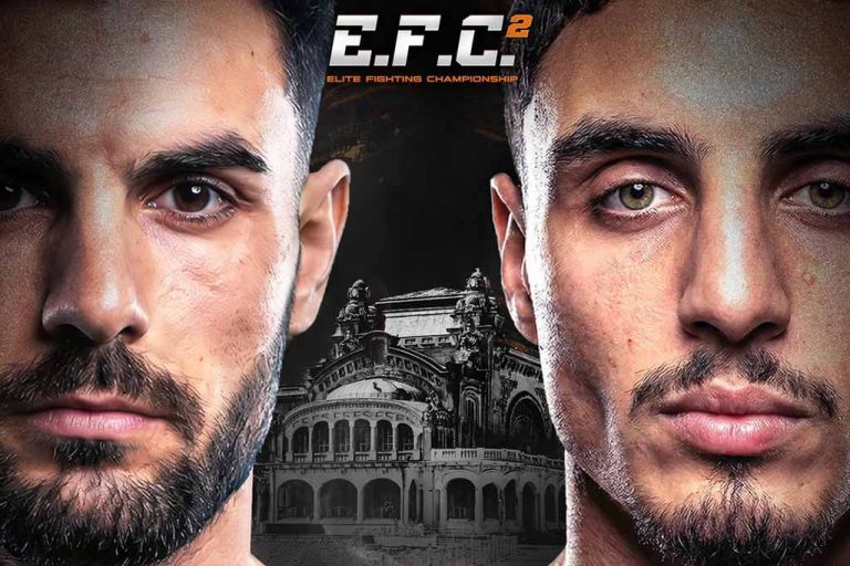 cartel combate EFC 2 caras hombres jovenes perilla bigote